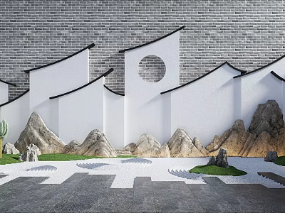 Traditional Courtyard Garden Design With Brick Wall Moon Gate Rock Formations And Gravel Paths 3d model