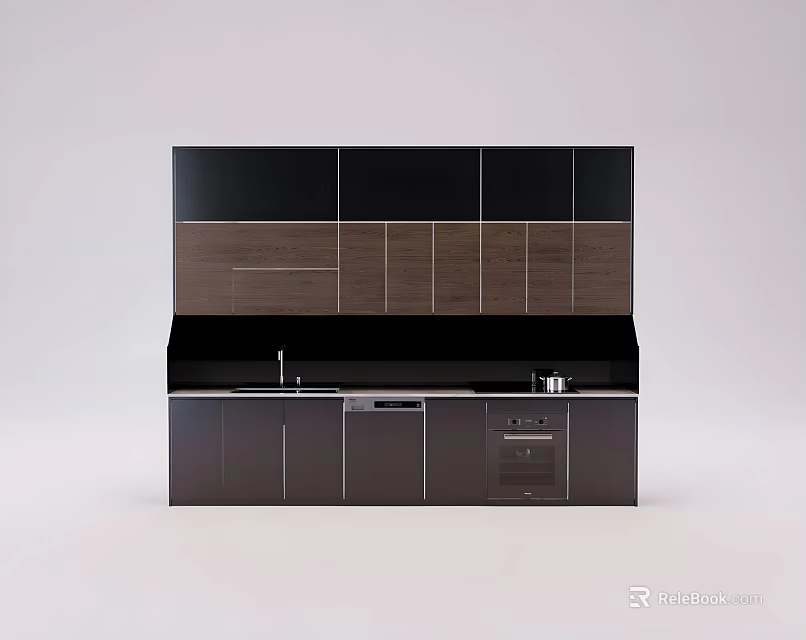 Modern Kitchen Cabinets With Black And Wood Tones And Sleek Countertop Design 3d model 