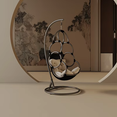 Elegant Modern Hanging Chair With Metal Ring Structure Cushioned Seat In Chinese Style Decor 3d model