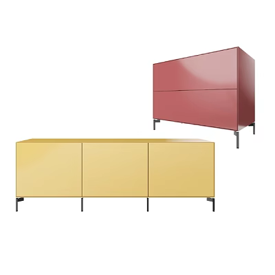Modern Yellow Console Cabinet and Red Entryway Cabinet with Sleek Surface and Metal Legs 3d model