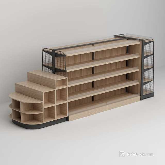 Supermarket Retail Shelving With Wooden Layers And Tiered Display Racks 3d model 