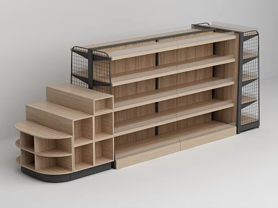 Supermarket Retail Shelving With Wooden Layers And Tiered Display Racks 3d model
