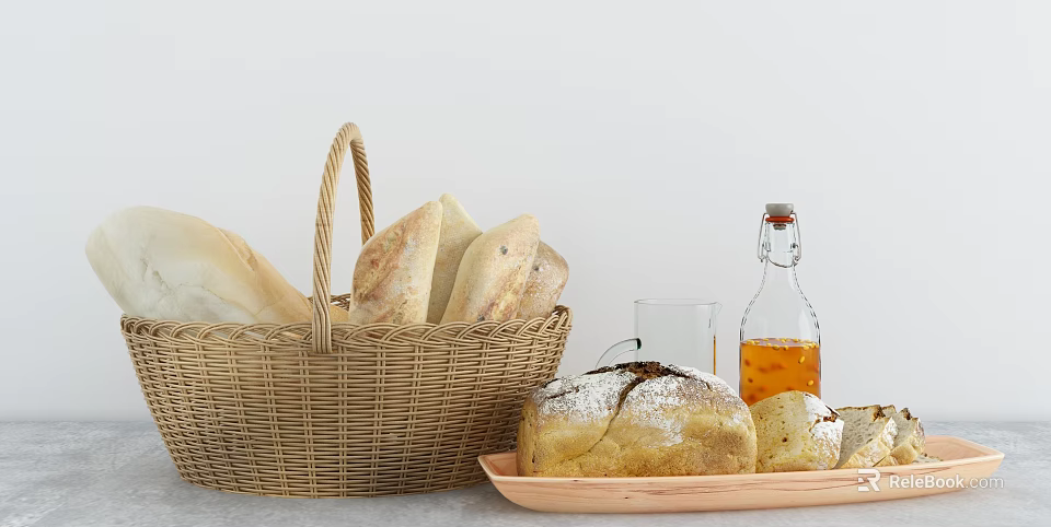 Fresh Artisan Bread in Wicker Basket with Wooden Tray Glass Bottle and Cup 3d model 