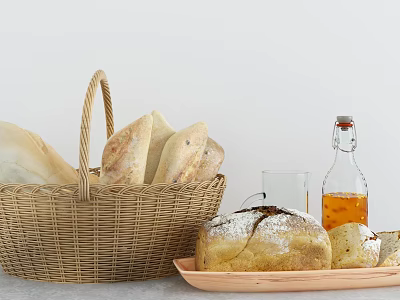 Fresh Artisan Bread in Wicker Basket with Wooden Tray Glass Bottle and Cup 3d model