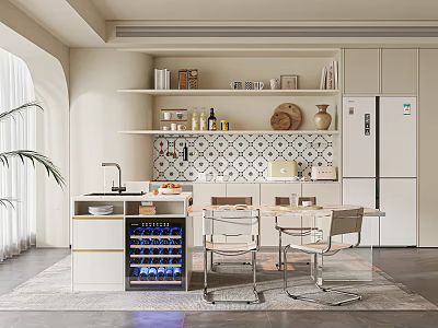 Modern Kitchen Interior Design With Wine Cooler Dining Table Chairs Mosaic Backsplash And Cabinets 3d model