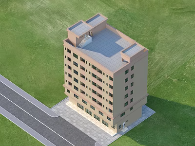 Multi Story Residential Building With Beige Exterior Flat Roof Green Lawn And Adjacent Road 3d model