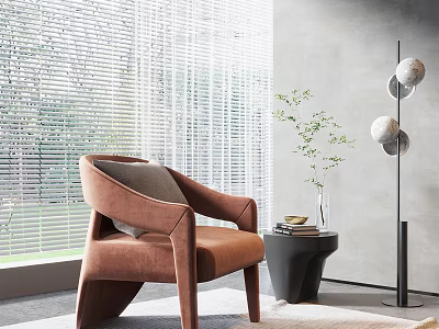 Stylish Brown Velvet Leisure Chair With Side Table Green Plant Floor Lamp And Window Blinds 3d model