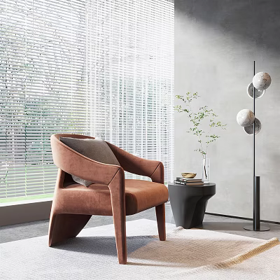 Stylish Brown Velvet Leisure Chair With Side Table Green Plant Floor Lamp And Window Blinds 3d model