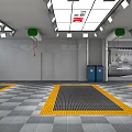 Automotive Service Showroom With Glass Doors Interior Lighting And Grid Floor Design