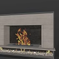 Sleek Modern Fireplace Design With Stone Frame Burning Flames And Palm Plant Near Black Wall