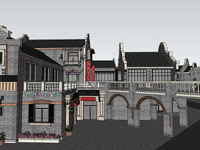 Chinese Style Commercial Complex With Gray Bricks Black Tiles Arched Doors And Decorated Balconies 3d model