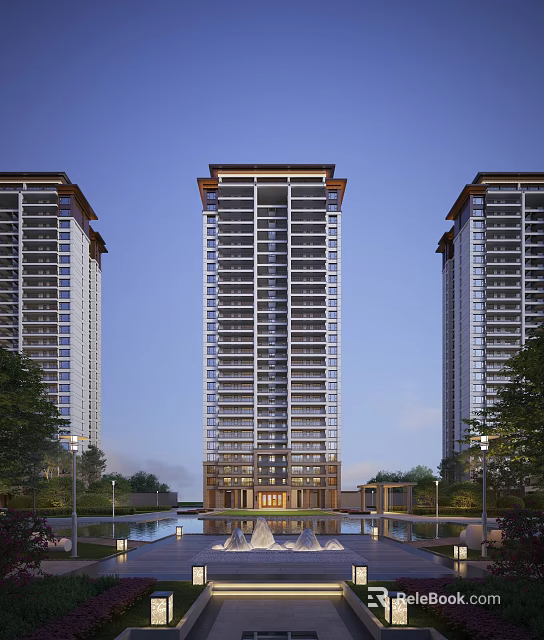 Modern High Rise Residential Buildings With Glass Curtain Walls Decorative Top Design And Greenery Surroundings 3d model 
