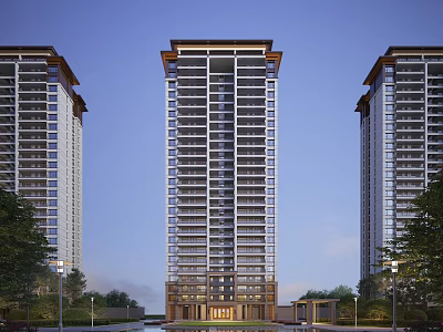 Modern High Rise Residential Buildings With Glass Curtain Walls Decorative Top Design And Greenery Surroundings 3d model