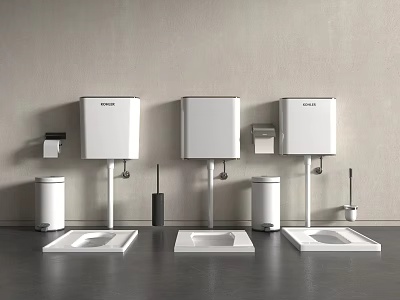 Three White Toilets With Water Tanks Trash Cans And Toilet Brushes In Gray Wall Bathroom 3d model