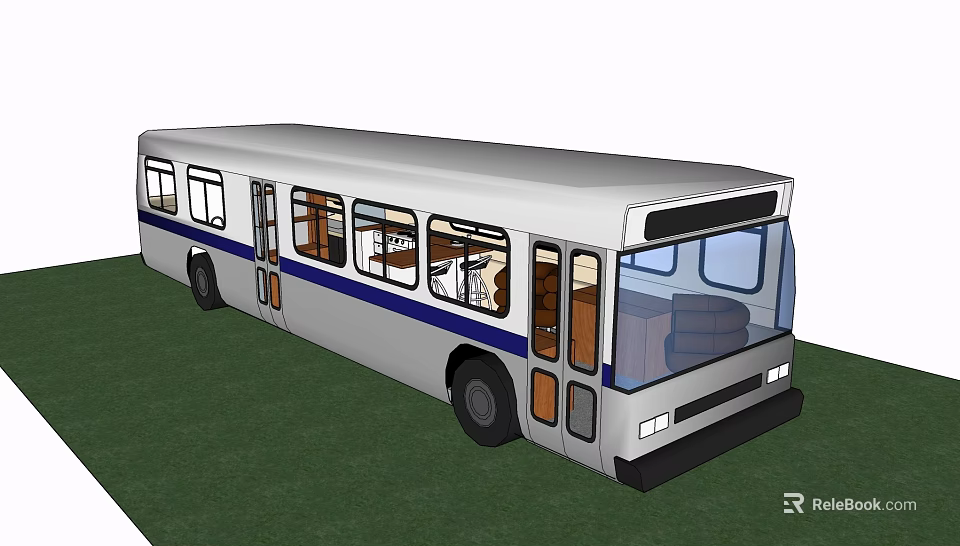 White Bus With Blue Stripe And Windows Featuring Interior Seats On Green Grass 3d model 