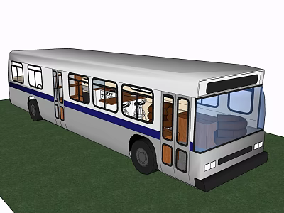 White Bus With Blue Stripe And Windows Featuring Interior Seats On Green Grass 3d model