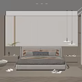 Modern Minimalist Bedroom Interior With Stylish Bed Headboard Pendant Lights Wardrobe And Soft Rug