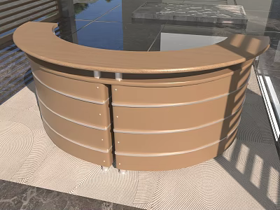 Curved Modern Brown Wooden Bar Counter With Metal Accents And Storage Drawers 3d model