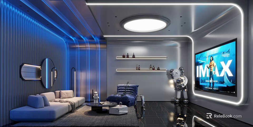 Modern Home Theater Interior With Plush Sofa Large Screen TV Ambient Lighting And Decor Shelves 3d model 