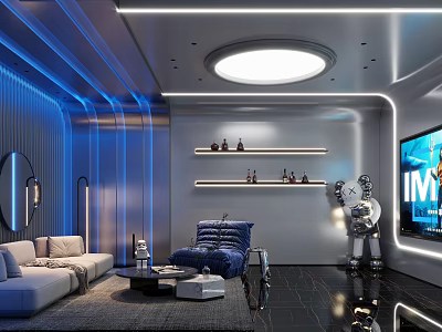 Modern Home Theater Interior With Plush Sofa Large Screen TV Ambient Lighting And Decor Shelves 3d model