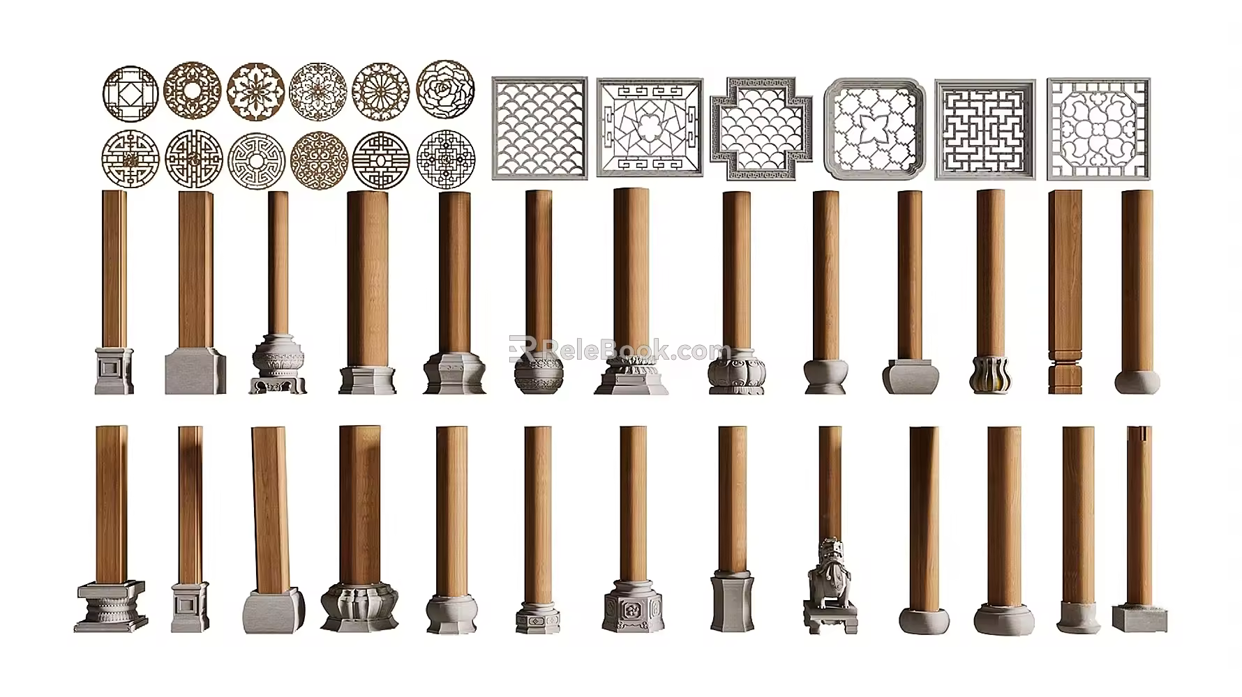 New Chinese Style Column Stone Column Foundation Combination Stone Drum Exterior Wall Stone Window Stone Carving Column Combination Special-shaped Column Heavy Wood Structure Column 3d model