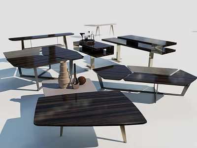 Various Modern Wooden Coffee Tables With Metal Legs And Decorative Items 3d model