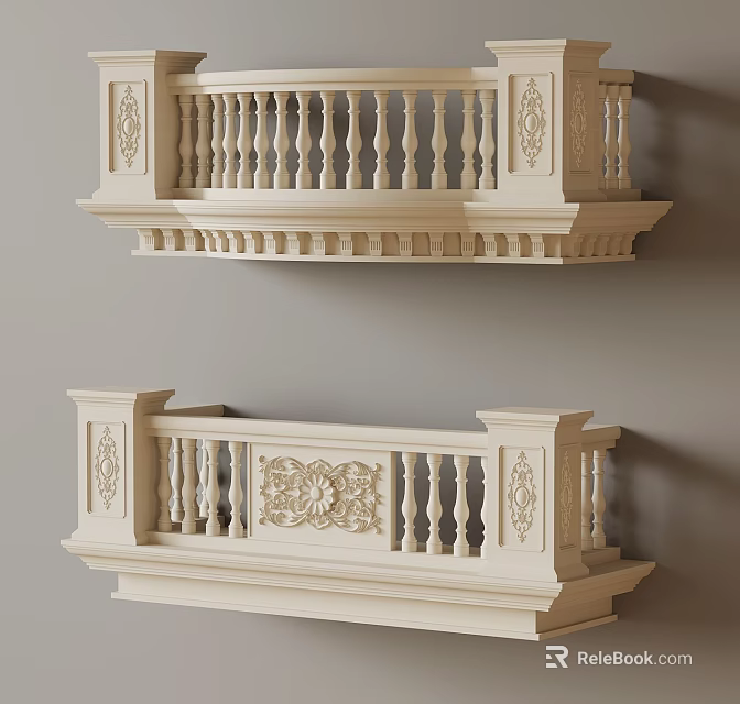 Elegant Carved Decorative Railings With Ivory White Finish And Intricate Floral Patterns 3d model 