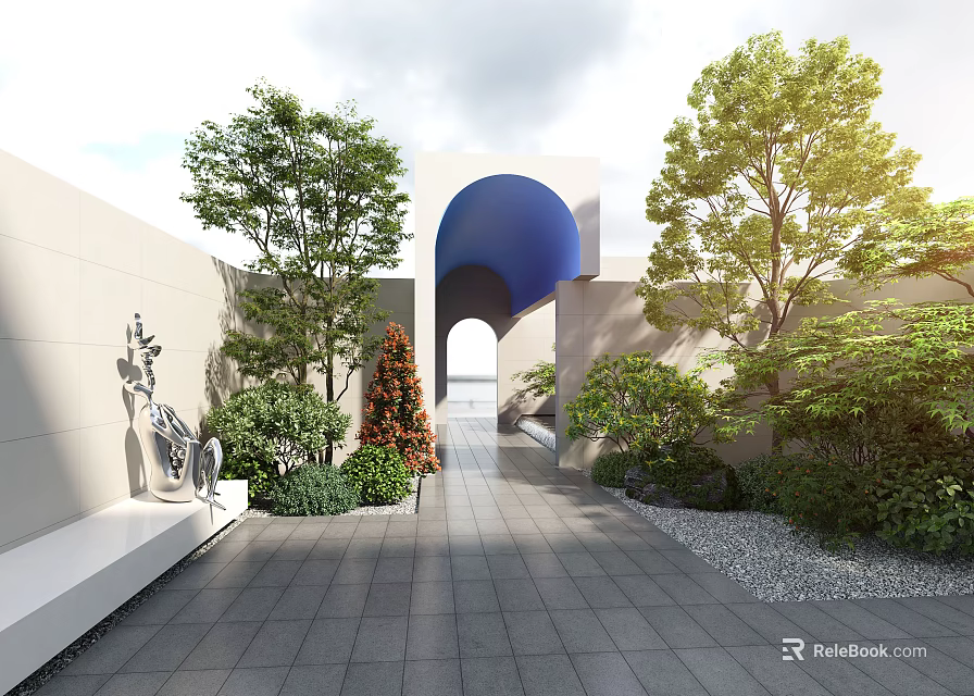 Lush Garden Courtyard With Trees Greenery Stone Pathway And Arch Structure 3d model 