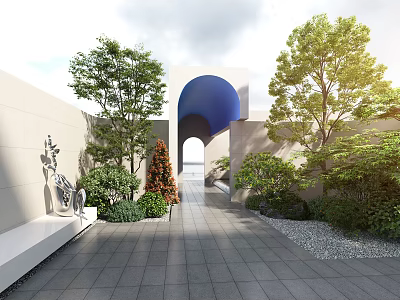 Lush Garden Courtyard With Trees Greenery Stone Pathway And Arch Structure 3d model