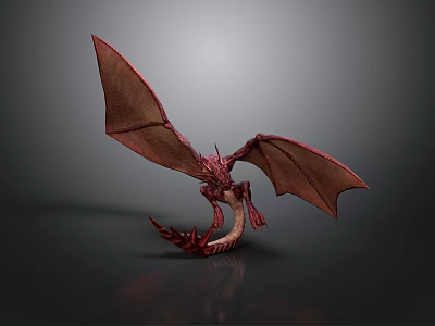 Striking Red Dragon 3D Model Featuring Large Spread Wings in Gray Background 3d model