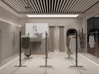 Modern Minimalist Clothing Store Interior With Clothing Racks Displayed Garments And Soft Lighting 3d model