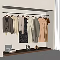Trendy Clothes Hanging On Wall Mounted Hangers With Shoes And Bags On Lower Shelf