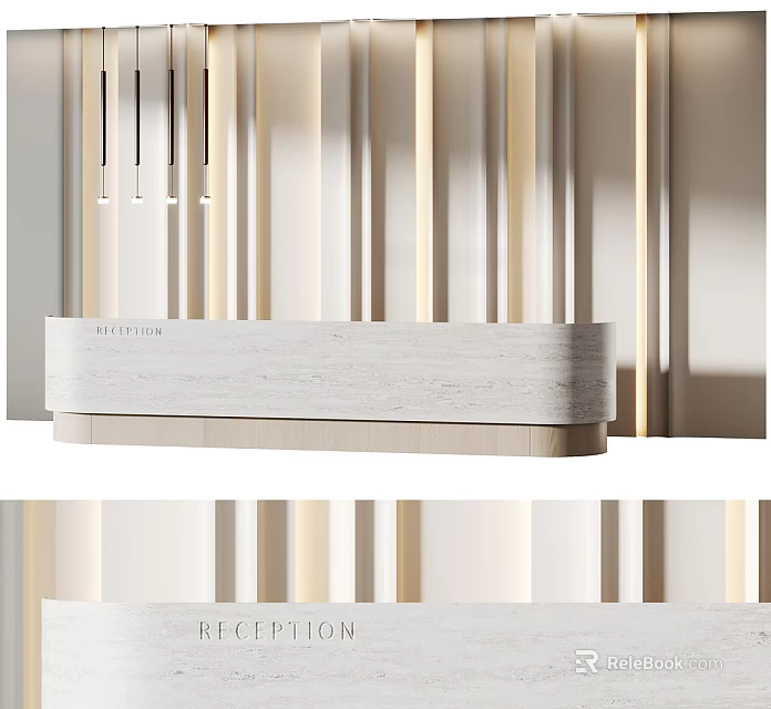 Modern Reception Desk Design With Stone Surface And Vertical Lighting Elements 3d model