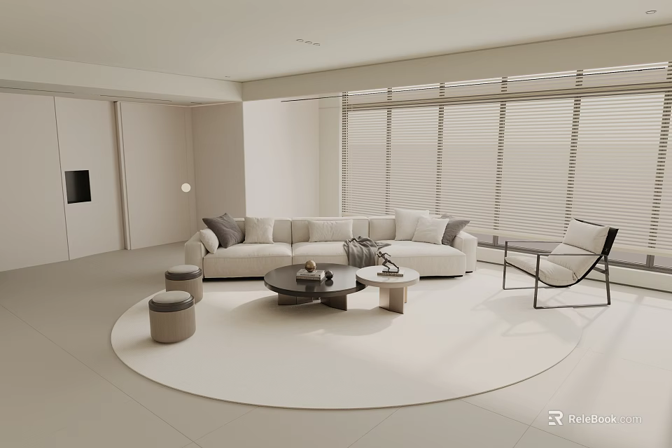 Modern Minimalist Living Room Interior With Light Beige Sofa Cushions Round Coffee Table And Blinds 3d model 