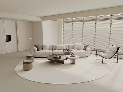 Modern Minimalist Living Room Interior With Light Beige Sofa Cushions Round Coffee Table And Blinds 3d model