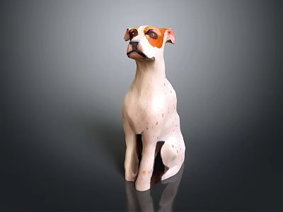 Artistic Sitting Dog Sculpture With White Fur And Brown Spots On Dark Backdrop 3d model
