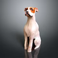 Artistic Sitting Dog Sculpture With White Fur And Brown Spots On Dark Backdrop