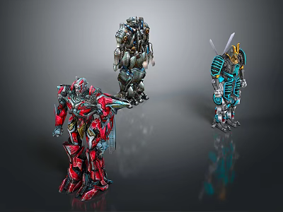 Three Colorful Mechanical Robots Red Gray Teal With Detailed Armor And Weapon 3d model