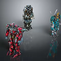 Three Colorful Mechanical Robots Red Gray Teal With Detailed Armor And Weapon