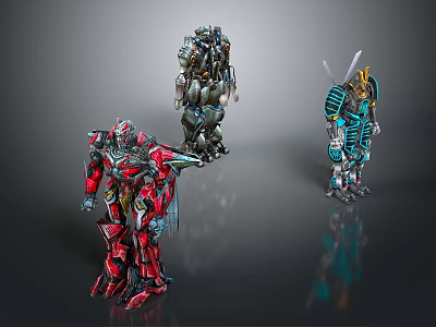 Three Colorful Mechanical Robots Red Gray Teal With Detailed Armor And Weapon 3d model