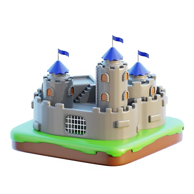 European-style Castle with Gray Walls Blue Spires Flagged Towers and Green Brown Base 3d model