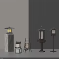 Traditional Japanese Decorative Lanterns With Marble And Wooden Bases For Interior