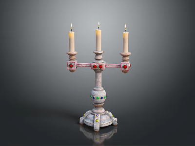 Decorative Candelabra With Three Lit Candles And Colorful Accents On Base 3d model