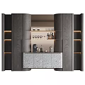 Elegant Modern Wine Cabinet With Wooden Finish Glass Shelves LED Lighting And Patterned Panel