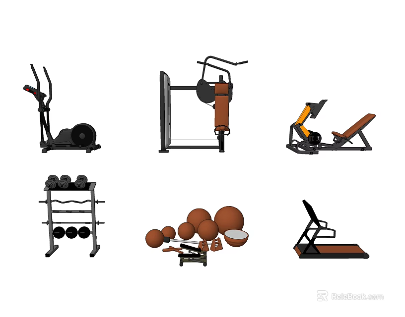 Modern Home Fitness Equipment Collection With Treadmill Dumbbells Elliptical And Weight Bench 3d model 