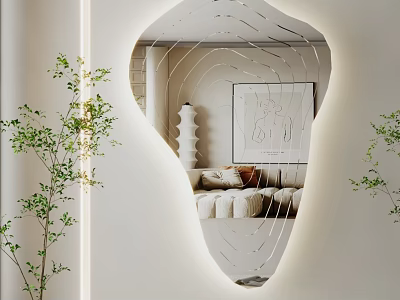 Stylish Irregular Shaped Mirror In Living Room Interior Reflecting Sofa Wall Art And Green Plants 3d model