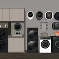 Various Modern Washing Machines With Storage Cabinets Wall Shelves And Laundry Detergent