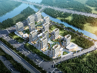 Modern Residential Buildings With River Green Space And Surrounding Roads 3d model