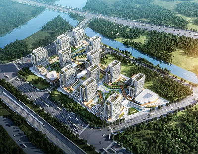 Modern Residential Buildings With River Green Space And Surrounding Roads 3d model