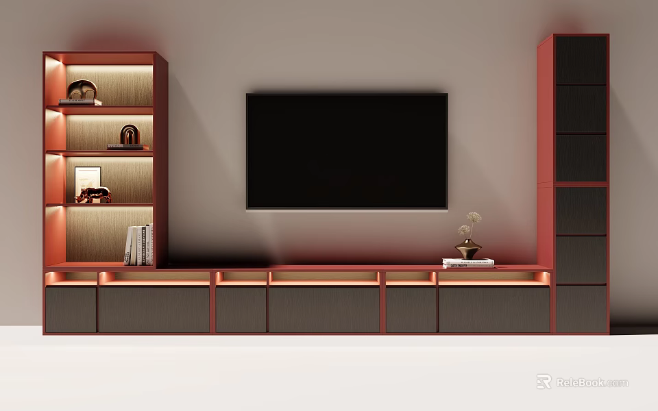 Modern TV Stand With Mounted TV Open Shelves Drawers And Decorative Ornaments 3d model 
